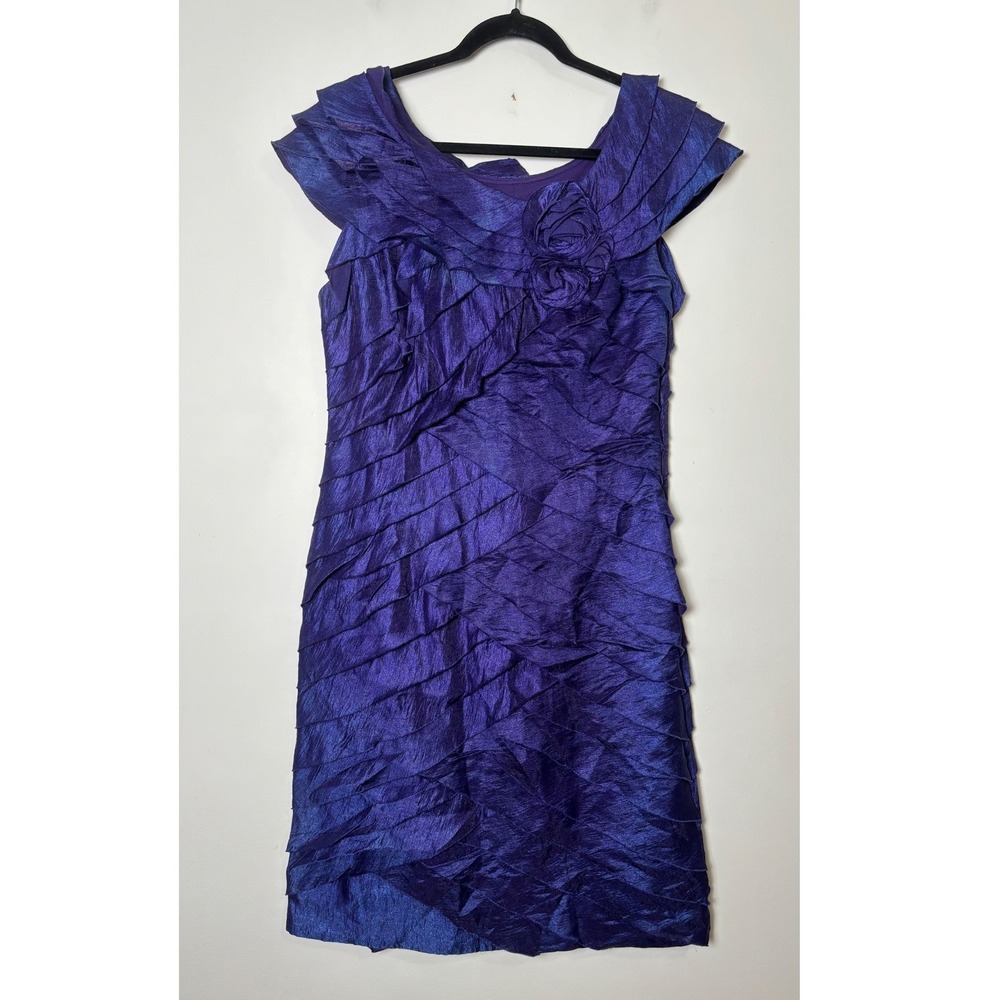 London Times Tiered Ruffle Sheath Dress 14P Purple Cocktail Occasion Wedding